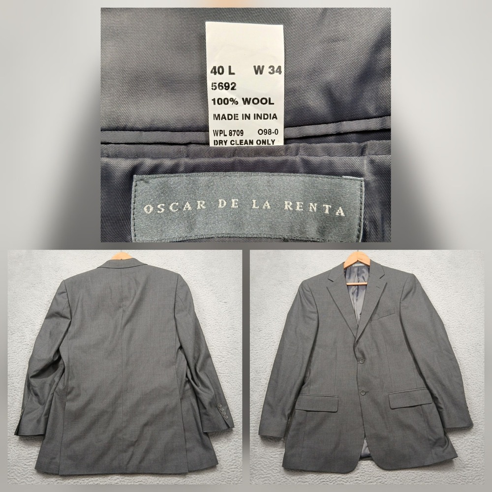 Oscar de la Renta Men's Blazer 40L Gray 100% Wool Two Button Suit Jacket‎